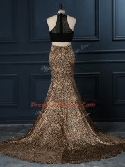 High Class Court Train Two Pieces Prom Dresses Black High-neck Printed Sleeveless Zipper
