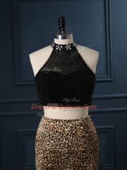 High Class Court Train Two Pieces Prom Dresses Black High-neck Printed Sleeveless Zipper