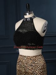 High Class Court Train Two Pieces Prom Dresses Black High-neck Printed Sleeveless Zipper