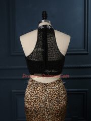 High Class Court Train Two Pieces Prom Dresses Black High-neck Printed Sleeveless Zipper