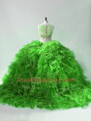 Scoop Sleeveless Organza Quinceanera Dress Beading and Ruffles Brush Train Zipper