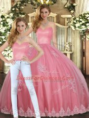 Fitting Watermelon Red Tulle Lace Up Sweetheart Sleeveless Floor Length Ball Gown Prom Dress Appliques