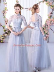 High-neck Half Sleeves Lace Up Dama Dress for Quinceanera Grey Tulle