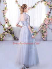 High-neck Half Sleeves Lace Up Dama Dress for Quinceanera Grey Tulle