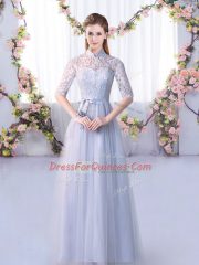 High-neck Half Sleeves Lace Up Dama Dress for Quinceanera Grey Tulle
