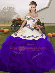 Chic Ball Gowns Sweet 16 Dress White And Purple Off The Shoulder Tulle Sleeveless Floor Length Lace Up