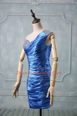 Superior Blue One Shoulder Neckline Beading Party Dresses Sleeveless Zipper
