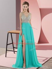 Flare Sleeveless Chiffon Sweep Train Zipper Prom Dress in Turquoise with Beading