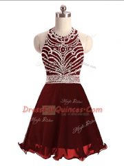 A-line Prom Dress Burgundy Halter Top Sleeveless Mini Length Lace Up