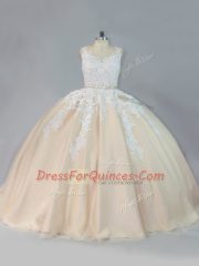 Fantastic Champagne Zipper Vestidos de Quinceanera Appliques Sleeveless Court Train