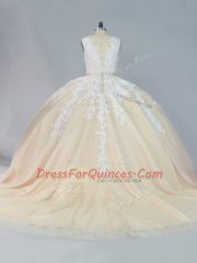 Fantastic Champagne Zipper Vestidos de Quinceanera Appliques Sleeveless Court Train