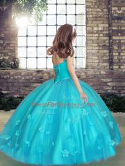 Aqua Blue Ball Gowns Straps Sleeveless Tulle Floor Length Lace Up Beading and Hand Made Flower Pageant Dress for Womens