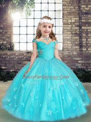 Aqua Blue Ball Gowns Straps Sleeveless Tulle Floor Length Lace Up Beading and Hand Made Flower Pageant Dress for Womens