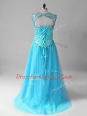 Glorious Scoop Sleeveless Lace Up Prom Gown Aqua Blue Tulle