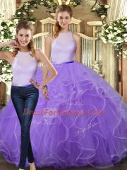 Sumptuous Two Pieces Sweet 16 Dresses Lavender High-neck Tulle Sleeveless Floor Length Backless