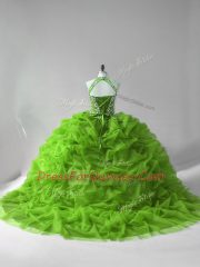 Inexpensive Ball Gowns Sleeveless Green 15th Birthday Dress Court Train Lace Up