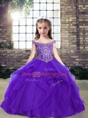 Fashionable Ball Gowns Little Girl Pageant Gowns Purple Scoop Organza Sleeveless Floor Length Lace Up