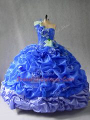 Blue Ball Gowns One Shoulder Sleeveless Organza Floor Length Lace Up Pick Ups and Hand Made Flower Ball Gown Prom Dress