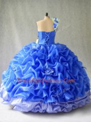 Blue Ball Gowns One Shoulder Sleeveless Organza Floor Length Lace Up Pick Ups and Hand Made Flower Ball Gown Prom Dress