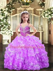 Lilac Ball Gowns Organza Straps Sleeveless Beading and Ruffles Floor Length Lace Up Kids Formal Wear