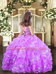 Lilac Ball Gowns Organza Straps Sleeveless Beading and Ruffles Floor Length Lace Up Kids Formal Wear