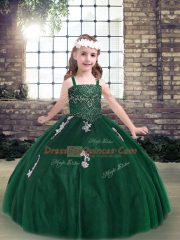 Sleeveless Tulle Floor Length Lace Up Pageant Dress for Teens in Dark Green with Appliques