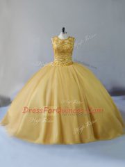 Beautiful Gold Lace Up Vestidos de Quinceanera Beading Sleeveless Brush Train