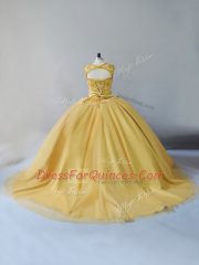 Beautiful Gold Lace Up Vestidos de Quinceanera Beading Sleeveless Brush Train