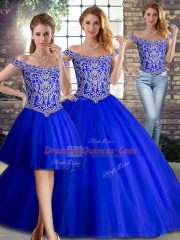 Off The Shoulder Sleeveless Brush Train Lace Up Quinceanera Dress Royal Blue Tulle