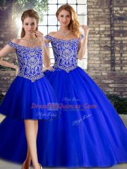 Off The Shoulder Sleeveless Brush Train Lace Up Quinceanera Dress Royal Blue Tulle