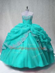 Custom Fit Floor Length Aqua Blue Quinceanera Dresses Organza Sleeveless Beading and Appliques