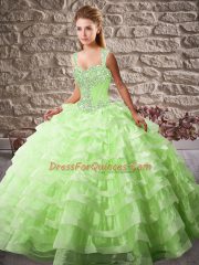 Affordable Straps Sleeveless Organza 15th Birthday Dress Beading and Ruffled Layers Court Train Lace Up