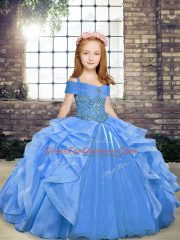 Fashionable Blue Ball Gowns Beading and Ruffles Kids Pageant Dress Lace Up Organza Sleeveless Floor Length