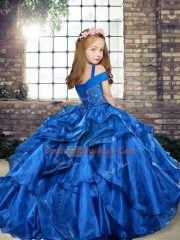 Fashionable Blue Ball Gowns Beading and Ruffles Kids Pageant Dress Lace Up Organza Sleeveless Floor Length
