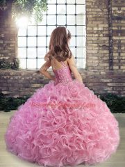 Apple Green Column/Sheath Beading and Ruffles Little Girl Pageant Dress Lace Up Organza Sleeveless Floor Length