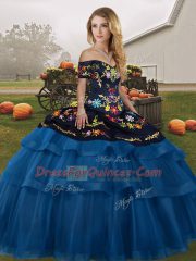 Colorful Sleeveless Tulle Brush Train Lace Up Quinceanera Dress in Blue And Black with Embroidery and Ruffled Layers