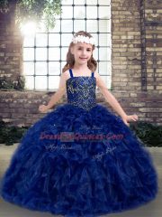 Best Blue Ball Gowns Organza Straps Sleeveless Beading and Ruffles Floor Length Lace Up Girls Pageant Dresses