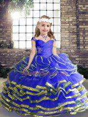 Blue Lace Up Child Pageant Dress Beading and Ruching Sleeveless Floor Length