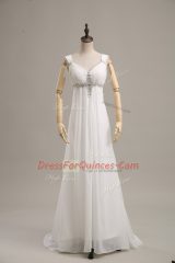 High Class White Chiffon Lace Up Straps Sleeveless Prom Gown Brush Train Beading