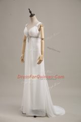High Class White Chiffon Lace Up Straps Sleeveless Prom Gown Brush Train Beading