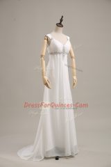 High Class White Chiffon Lace Up Straps Sleeveless Prom Gown Brush Train Beading