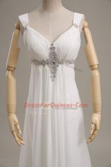 High Class White Chiffon Lace Up Straps Sleeveless Prom Gown Brush Train Beading