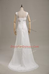 High Class White Chiffon Lace Up Straps Sleeveless Prom Gown Brush Train Beading