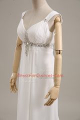 High Class White Chiffon Lace Up Straps Sleeveless Prom Gown Brush Train Beading