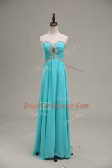 Aqua Blue Empire Chiffon Sweetheart Sleeveless Beading and Ruching Floor Length Lace Up
