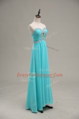 Aqua Blue Empire Chiffon Sweetheart Sleeveless Beading and Ruching Floor Length Lace Up