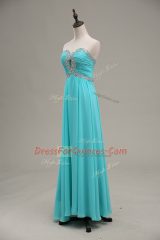 Aqua Blue Empire Chiffon Sweetheart Sleeveless Beading and Ruching Floor Length Lace Up