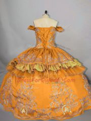 Sweet Floor Length Gold Quinceanera Dress Satin Sleeveless Embroidery