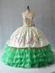 Floor Length Lace Up 15th Birthday Dress Apple Green for Sweet 16 and Quinceanera with Embroidery and Ruffled Layers