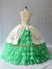 Floor Length Lace Up 15th Birthday Dress Apple Green for Sweet 16 and Quinceanera with Embroidery and Ruffled Layers
